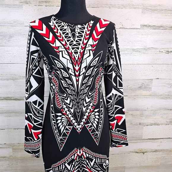Bisou Bisou Michele Bohbot Geometric Print Bodycon Dress Black Red White 10 - Picture 6 of 16